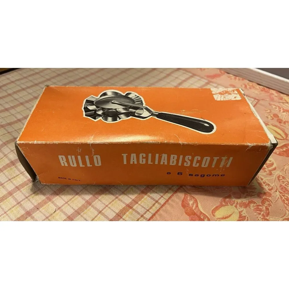 Vintage Italy Rolling Cookie Roller Cutter Metal Wooden Handle 6 Shapes Biscotti
